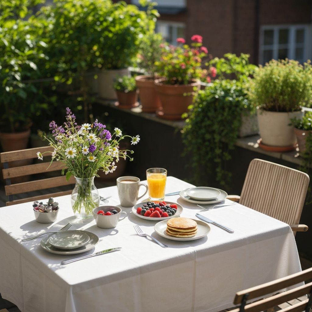 Relaxed weekend brunch setting with pancakes and fresh fruits